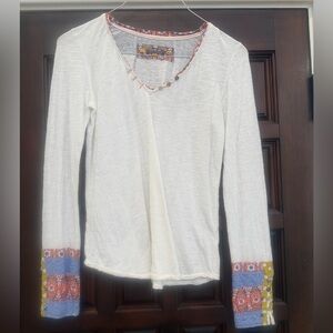 Anthropologie White Long Sleeve Tee with Multicolor Trim